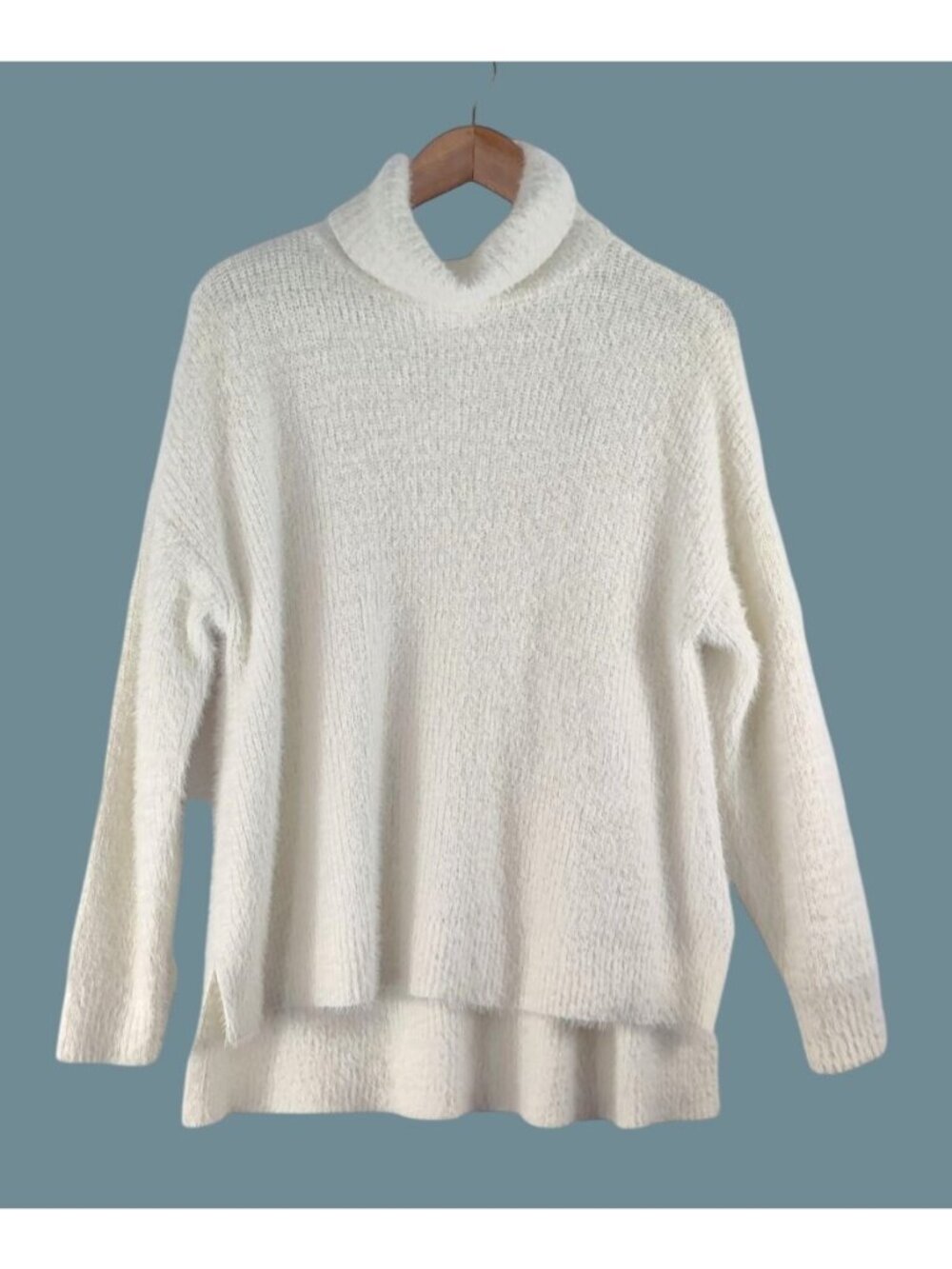 Fuzzy Sweater Off-White Pls OX Sonoma Denise Bidot Relaxed Hi-Lo Turtleneck Cozy